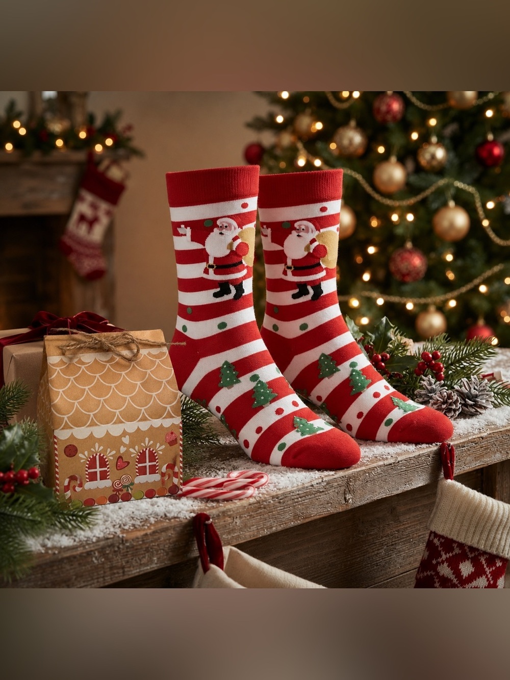 NWOT Festive Santa & Trees Red Holiday Socks- comes w/gingerbread gift box